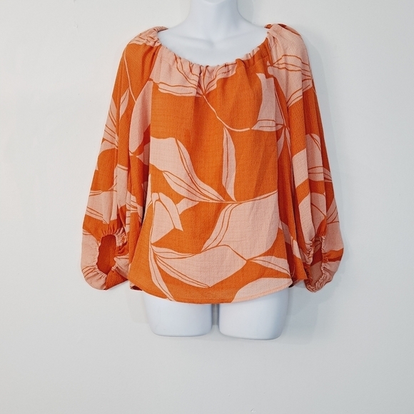 A New Day Two Tone Boho‎ Coral Tropical Flower Blouse - Picture 2 of 12